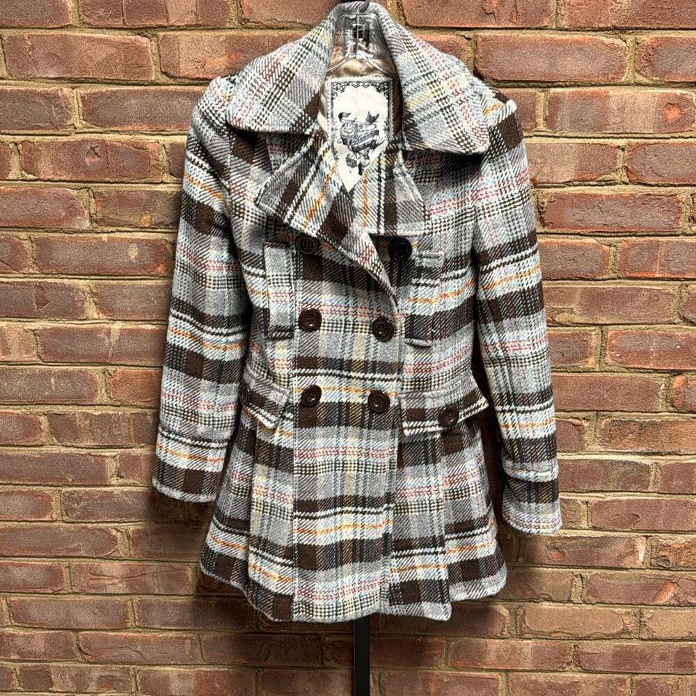 Forever Audrey Plaid Wool Blend Double Breasted Coat Size XS